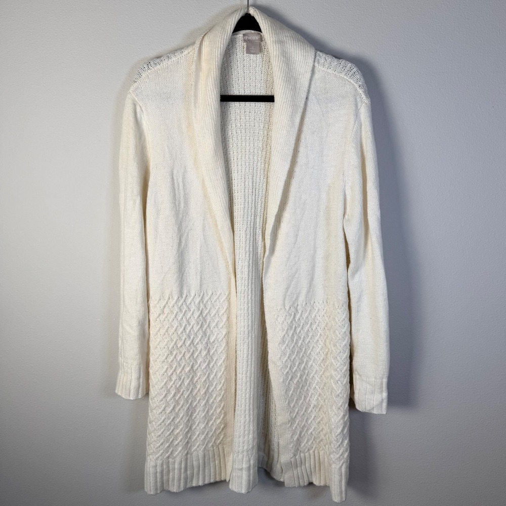 Chicos Womens 2/L Cream Cable Knit Shawl Collar Long Cardigan Sweater Duster Y2K